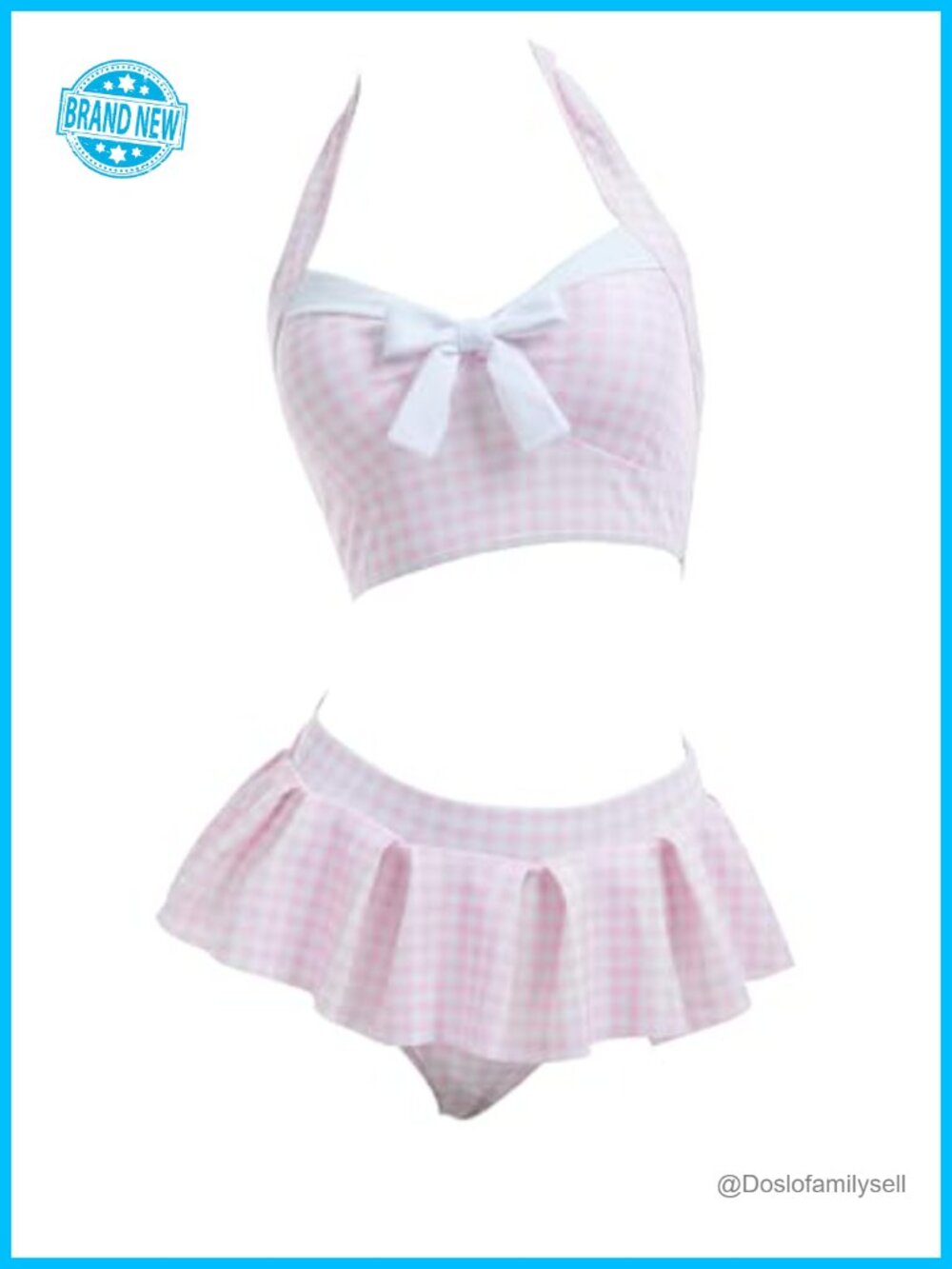 Retro Plaid Bikini Set Self-Halter Bathing Suit with Headband